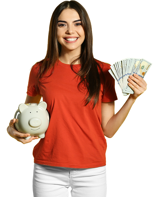 Woman holding $2,000 in cash